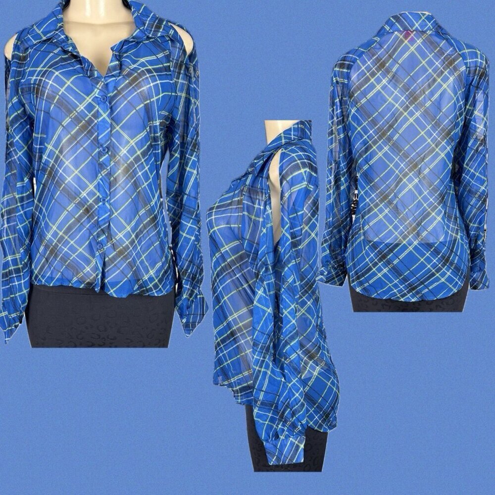 Rebellious One M Blue Plaid Sheer Button Down Collar Open Long Sleeve Shirt